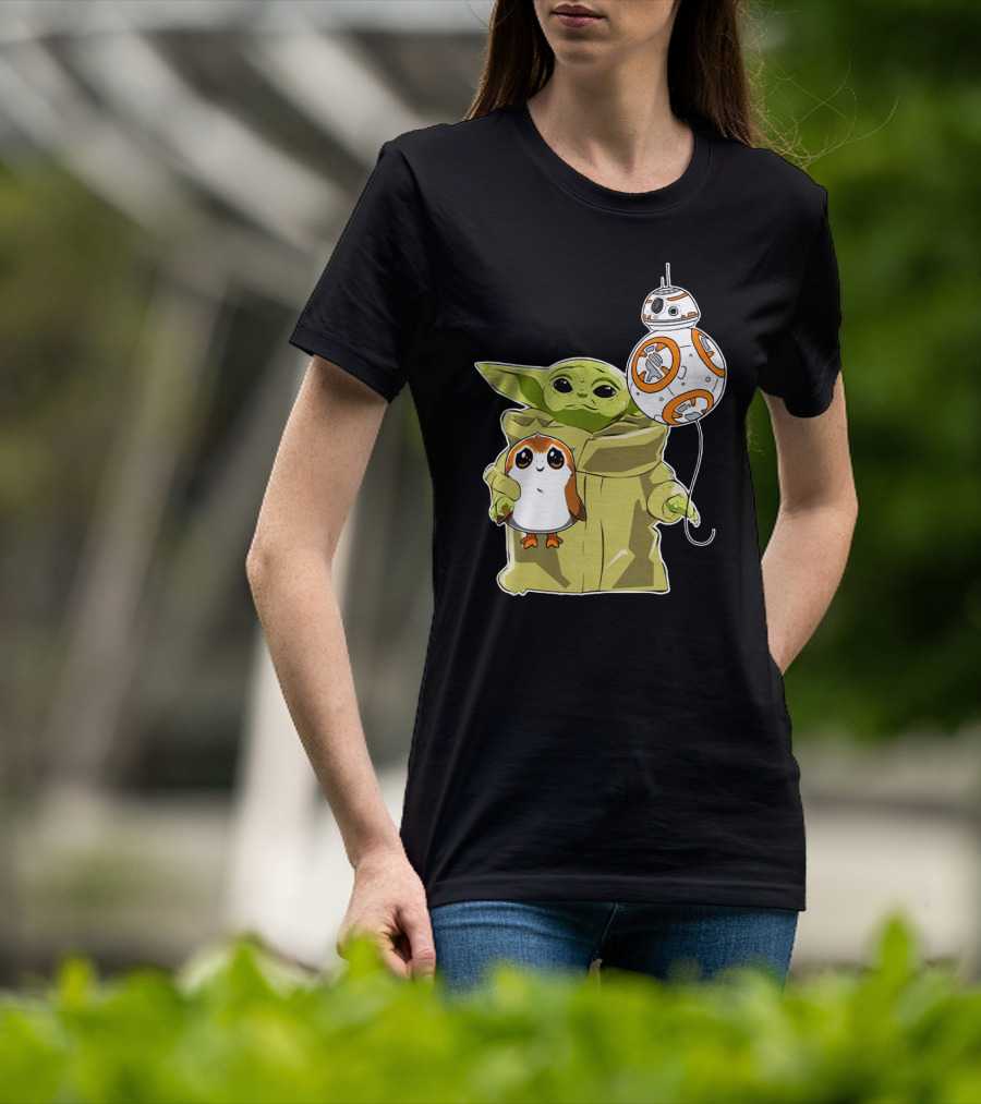 Baby Yoda Hug Sad Porg With BB-8 Balloon T-Shirt