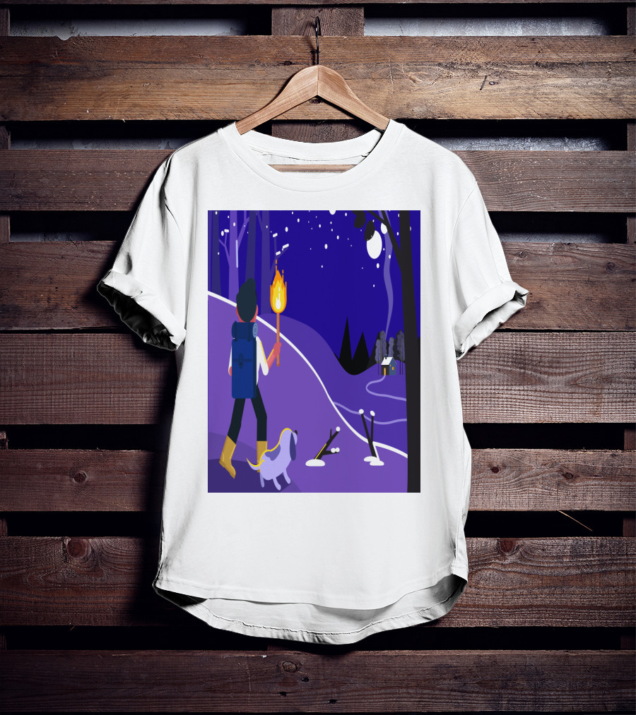 Nighttime Hiker With Backpack And Dog Under Moonlit Sky T-Shirt