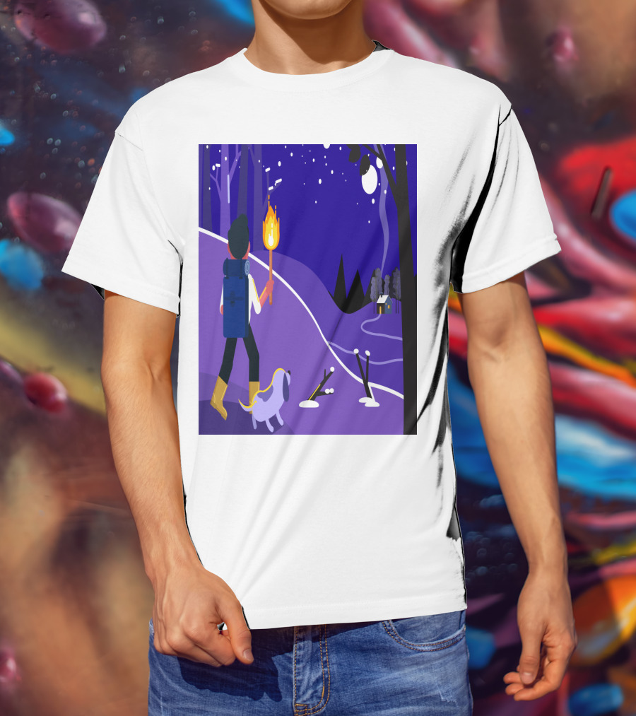 Nighttime Hiker With Backpack And Dog Under Moonlit Sky T-Shirt
