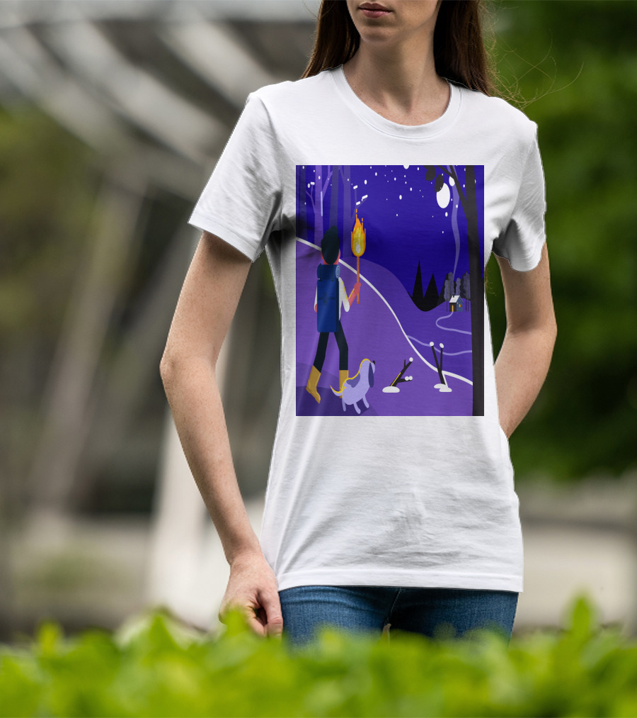 Nighttime Hiker With Backpack And Dog Under Moonlit Sky T-Shirt