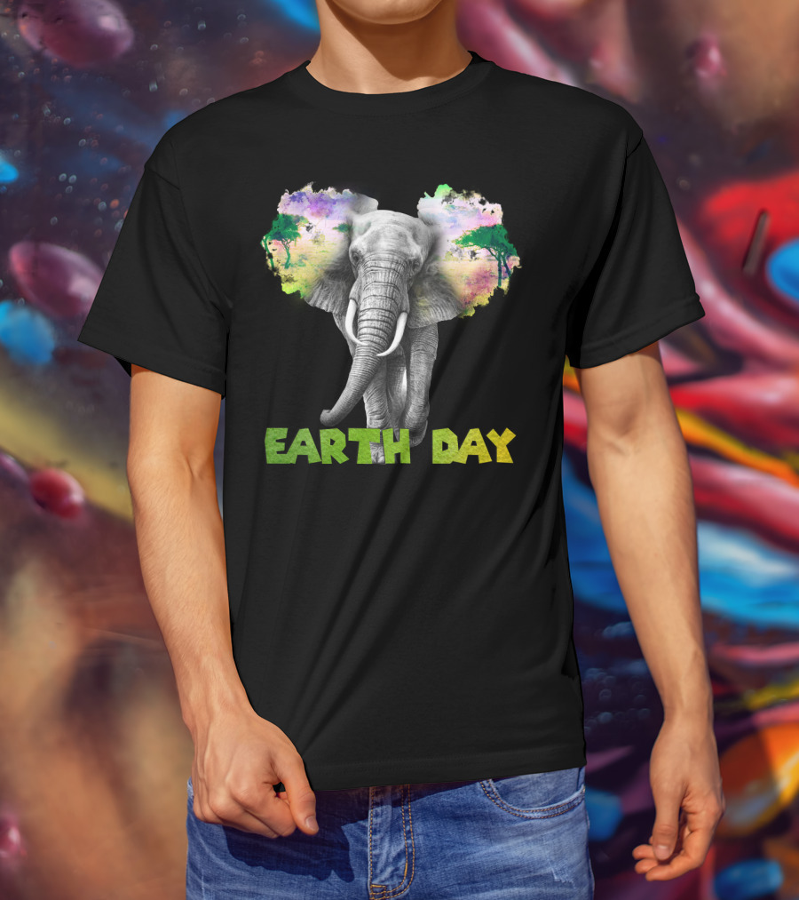 Earth Day Elephant With Vibrant Nature Trees And Colors T-Shirt