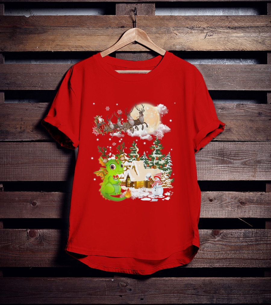Santa's Sleigh Ride Over Snowy Village With Festive Dragon T-Shirt