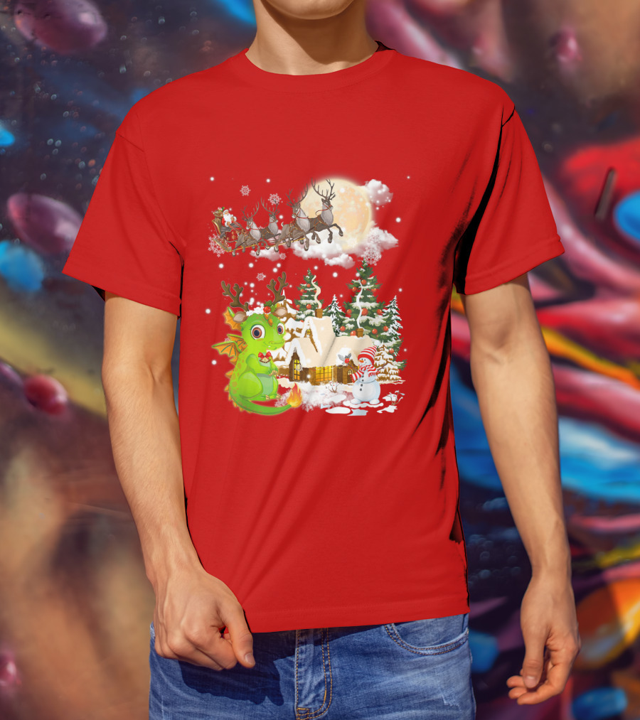 Santa's Sleigh Ride Over Snowy Village With Festive Dragon T-Shirt