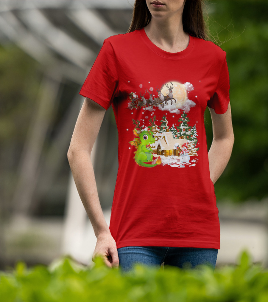 Santa's Sleigh Ride Over Snowy Village With Festive Dragon T-Shirt