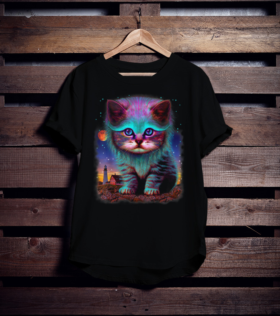 Alien Cat Fantasy Galaxy In Colorful Space With Cute Kitten And Lighthouse Moon Stars T-Shirt