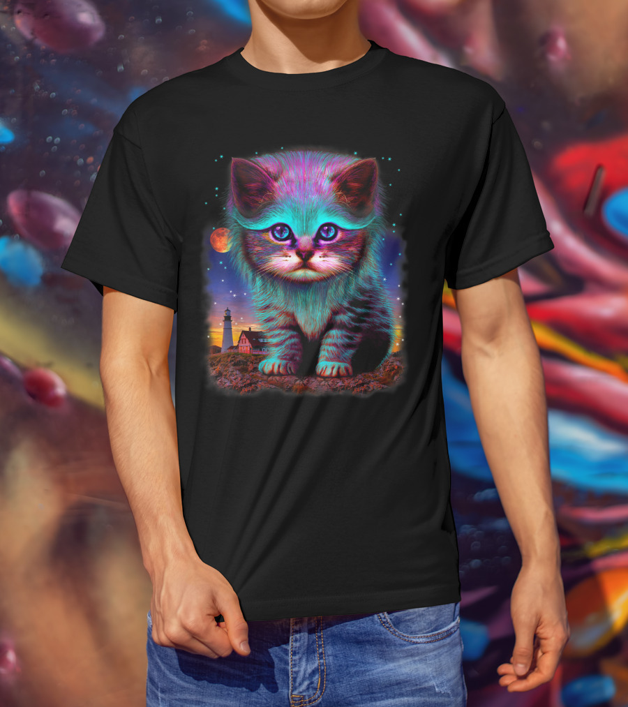 Alien Cat Fantasy Galaxy In Colorful Space With Cute Kitten And Lighthouse Moon Stars T-Shirt