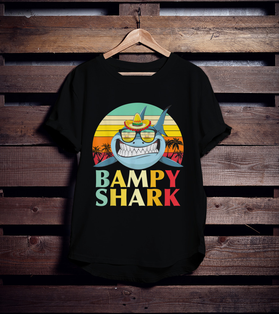 Bampy Shark Grandad From Grandchildren Shark With Sombrero And Sunglasses T-Shirt