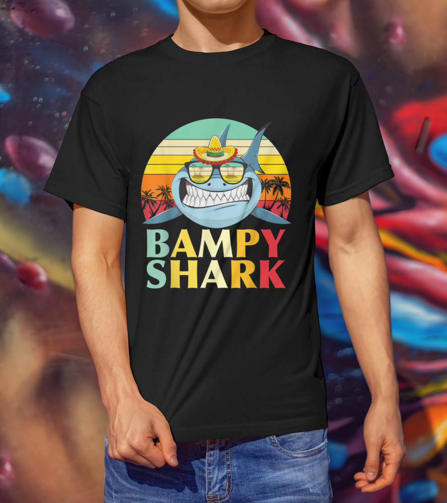 Bampy Shark Grandad From Grandchildren Shark With Sombrero And Sunglasses T-Shirt