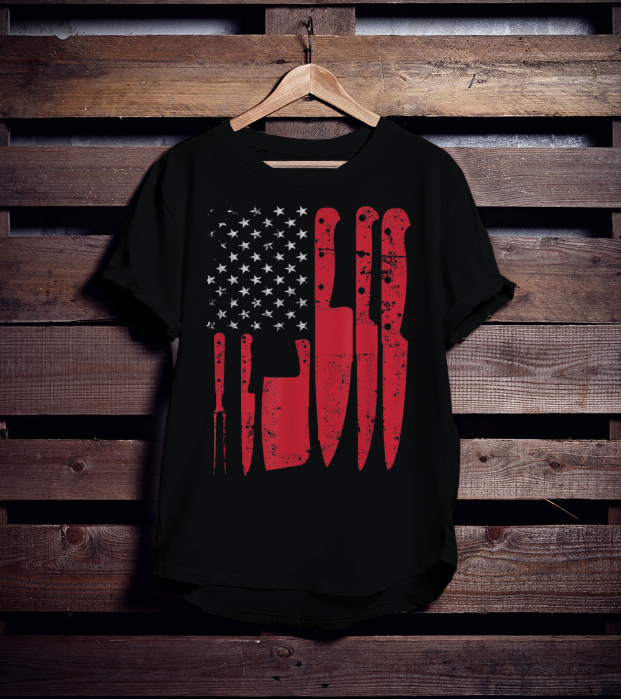 American Flag Stars Butcher Knife Set Vintage Look T-Shirt