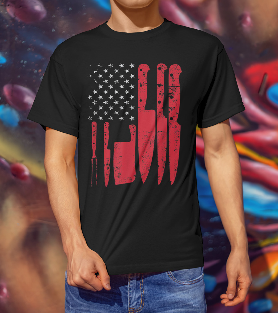 American Flag Stars Butcher Knife Set Vintage Look T-Shirt