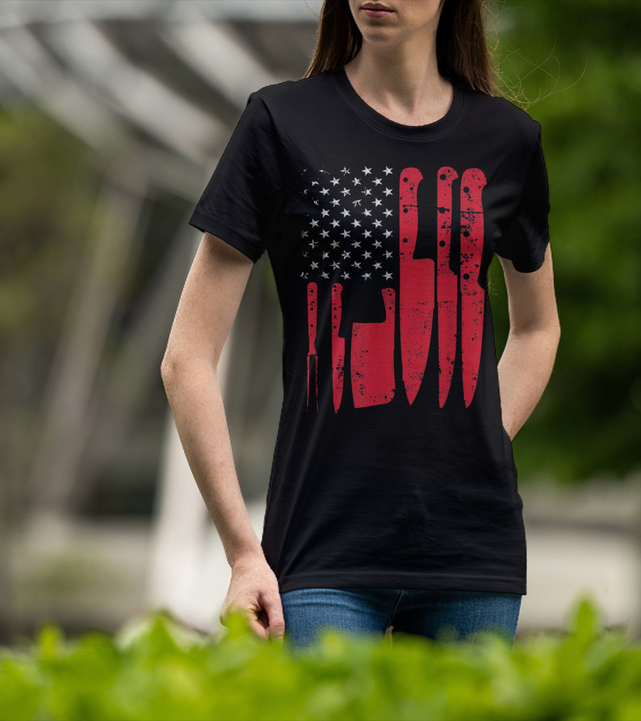 American Flag Stars Butcher Knife Set Vintage Look T-Shirt