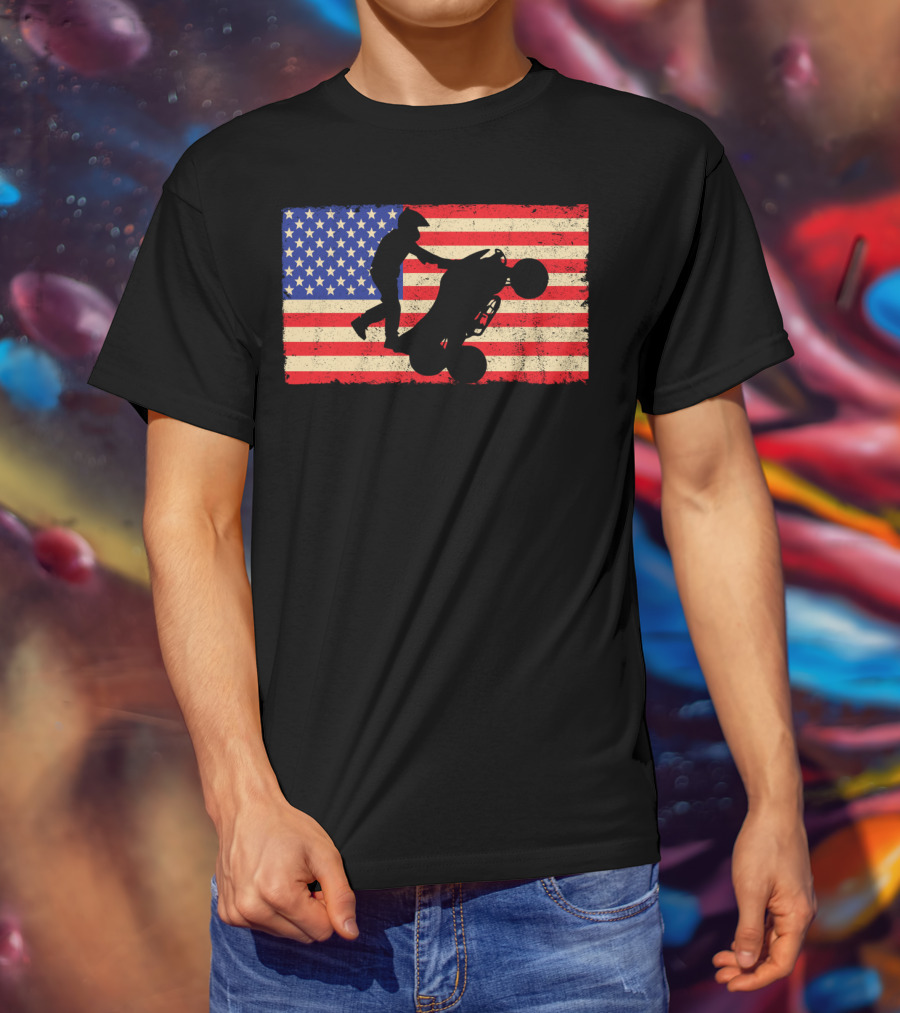 American Flag ATV Rider Wheelie Quad Bike Cool T-Shirt