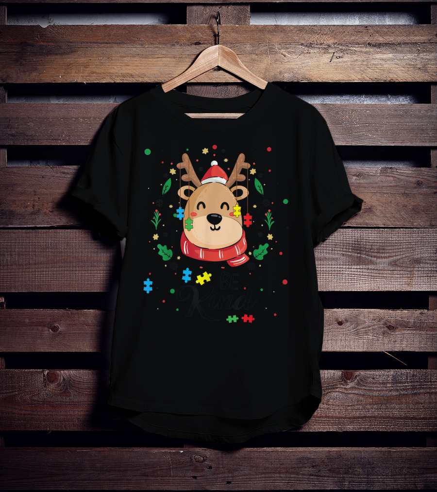 Be Kind Reindeer With Santa Hat And Colorful Puzzle Pieces Autism T-Shirt