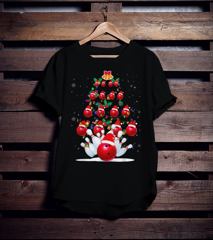 Bowling Ball Christmas Tree With Santa Hats And Snowflakes T-Shirt
