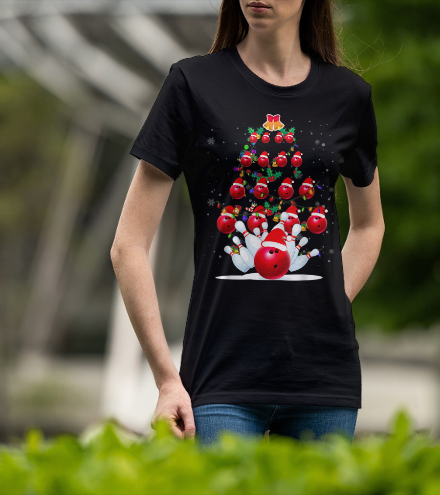 Bowling Ball Christmas Tree With Santa Hats And Snowflakes T-Shirt