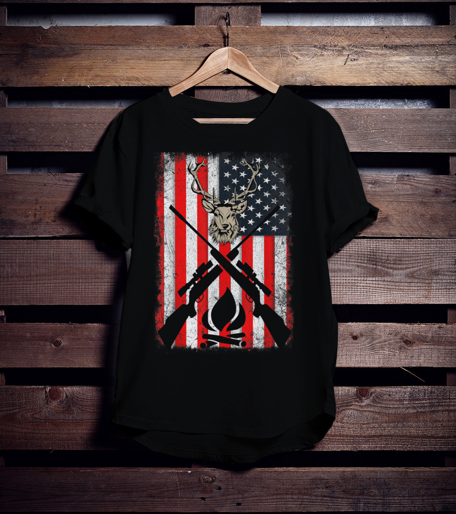 Patriotic Deer Hunting With American Flag And Rifles T-Shirt
