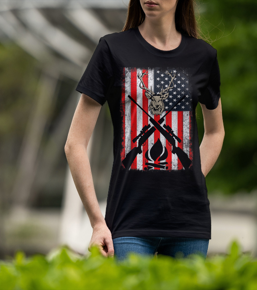 Patriotic Deer Hunting With American Flag And Rifles T-Shirt