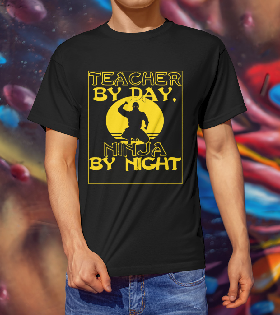 Teacher By Day Ninja By Night Silhouette Against Yellow Circle T-Shirt