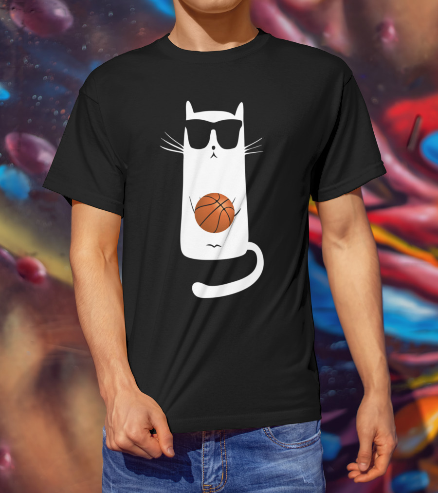 Humorous Sunglass-Wearing Cat With Basketball In Whimsical Pose T-Shirt