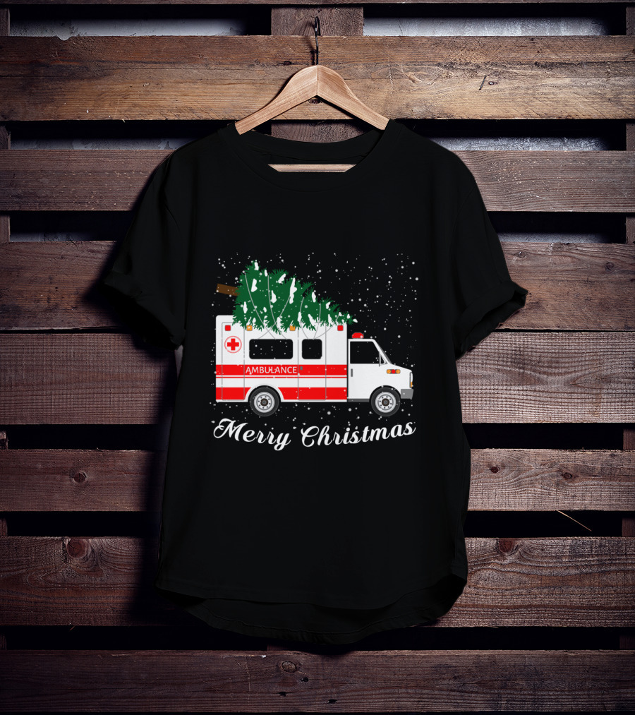 Merry Christmas Ambulance Carrying Christmas Tree In Snowfall T-Shirt