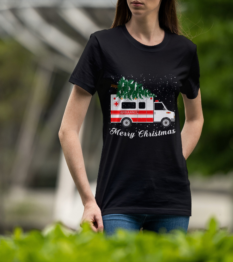 Merry Christmas Ambulance Carrying Christmas Tree In Snowfall T-Shirt