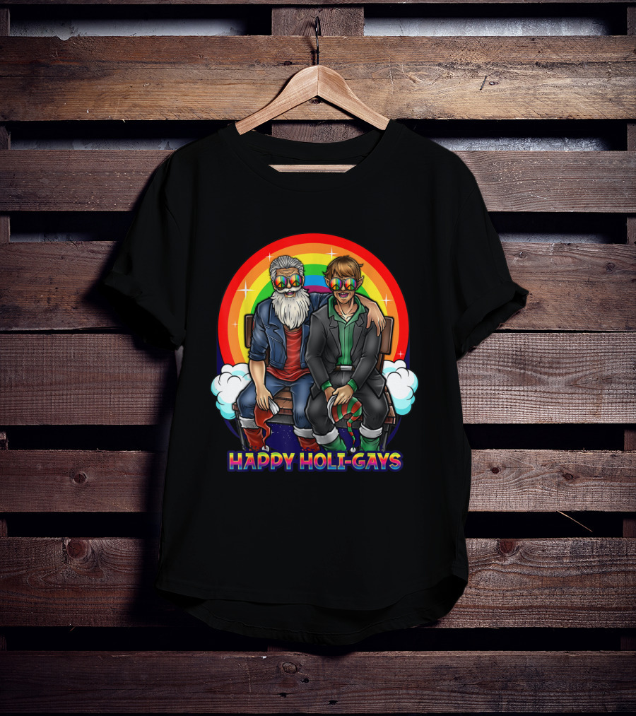 Happy Holi-Gays Funny Rainbow Santa And Elf Christmas T-Shirt