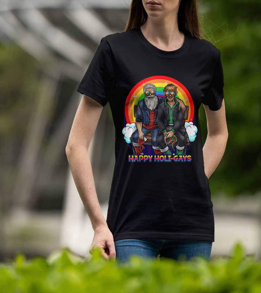 Happy Holi-Gays Funny Rainbow Santa And Elf Christmas T-Shirt