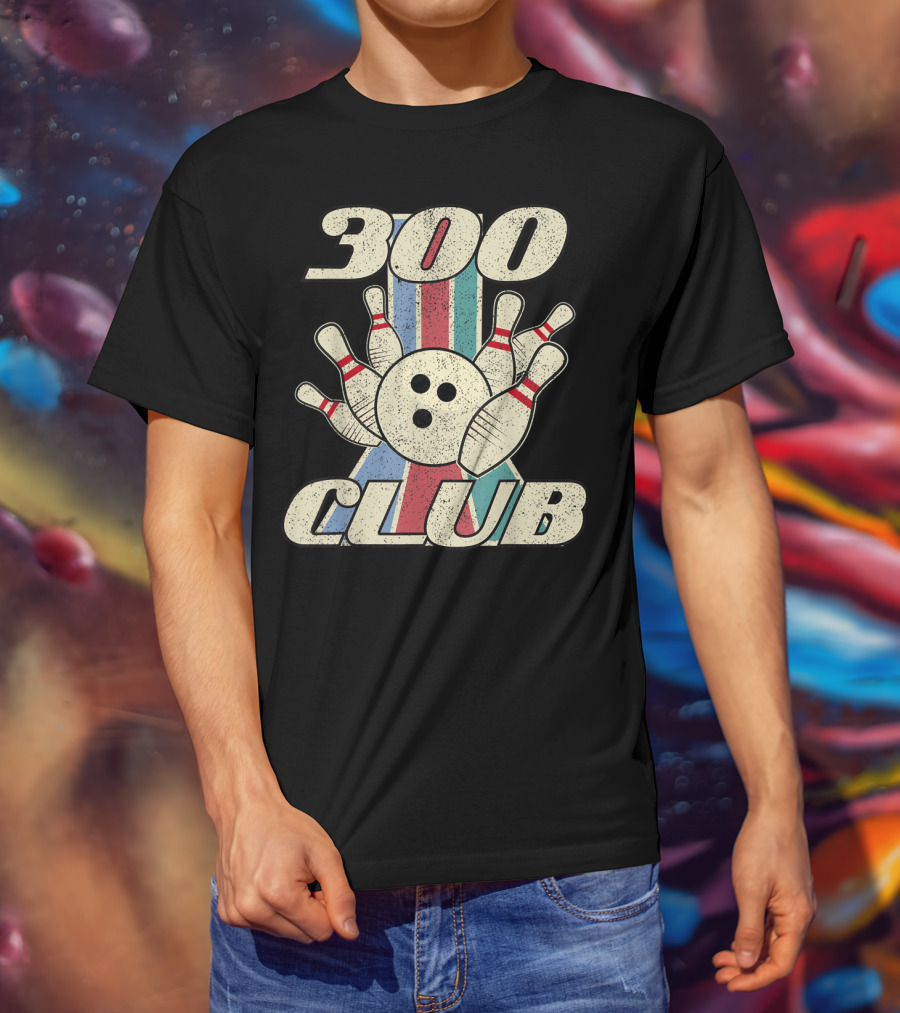300 Club Bowling Distressed Perfect Game Retro Bowling Pins And Ball T-Shirt