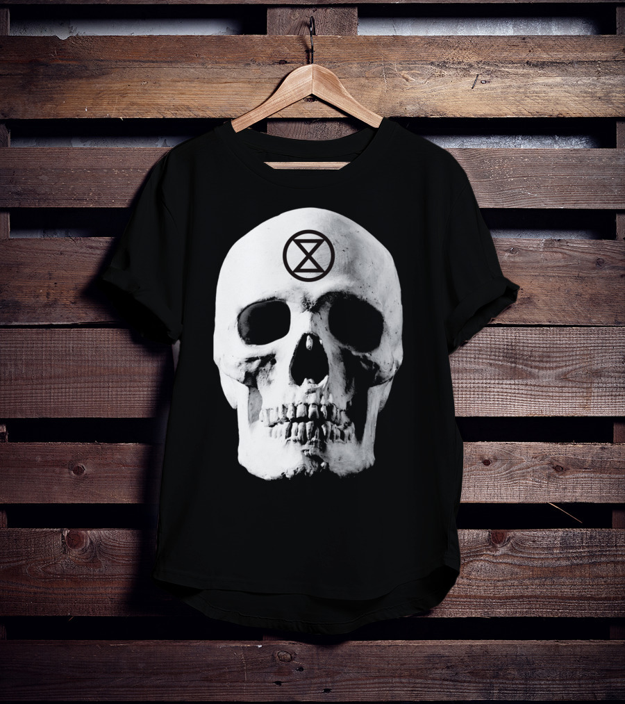 Extinction Rebellion Skull With Hourglass Symbol In Deadly Warning T-Shirt
