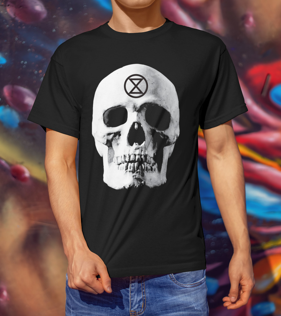 Extinction Rebellion Skull With Hourglass Symbol In Deadly Warning T-Shirt