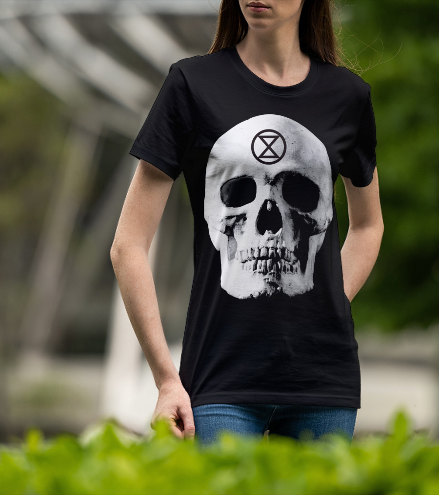 Extinction Rebellion Skull With Hourglass Symbol In Deadly Warning T-Shirt
