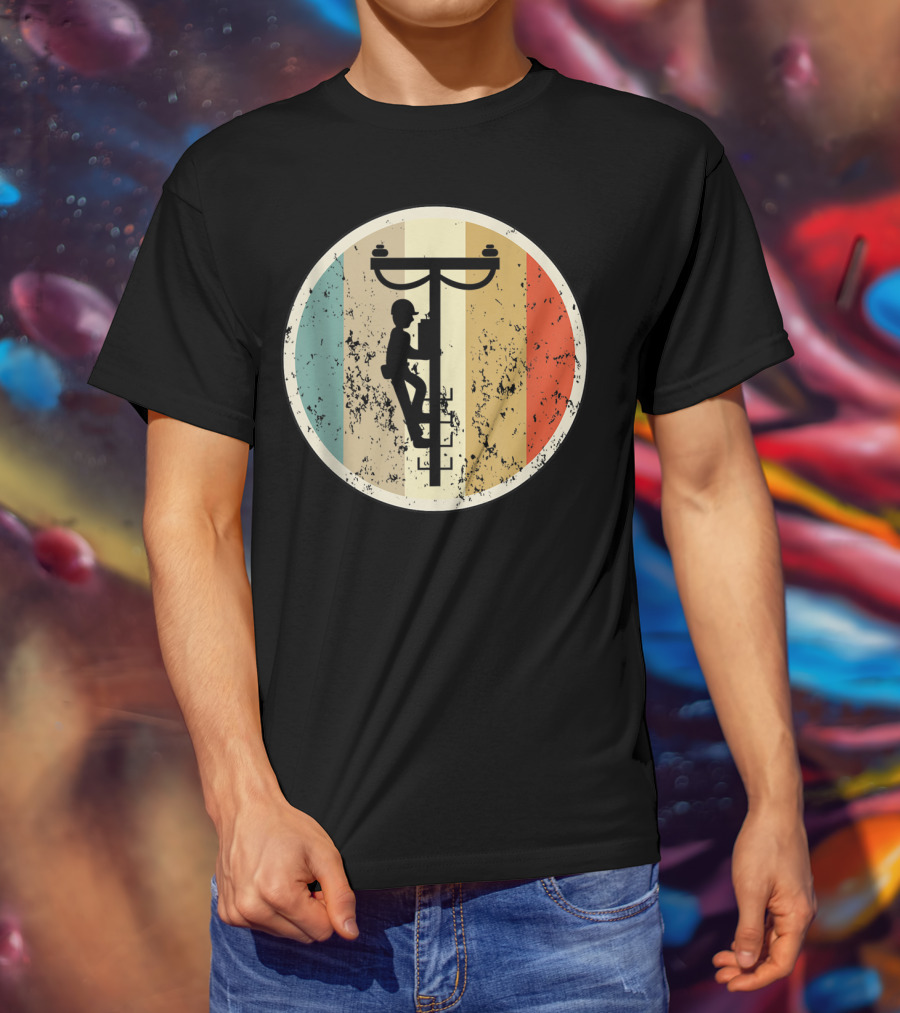 High Voltage Electrician Climbing Power Pole Retro Vintage Electrical T-Shirt