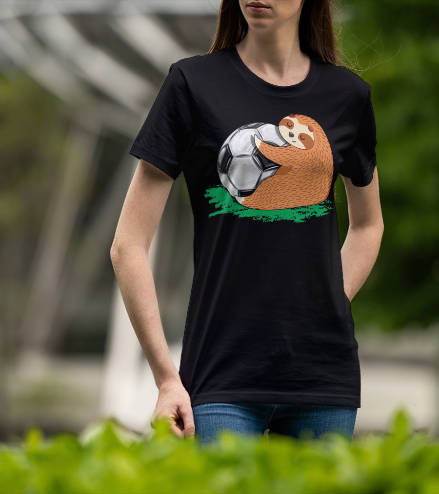 Lazy Sloth Soccer Lover Team Ball Sport Hugging Giant Soccer Ball T-Shirt
