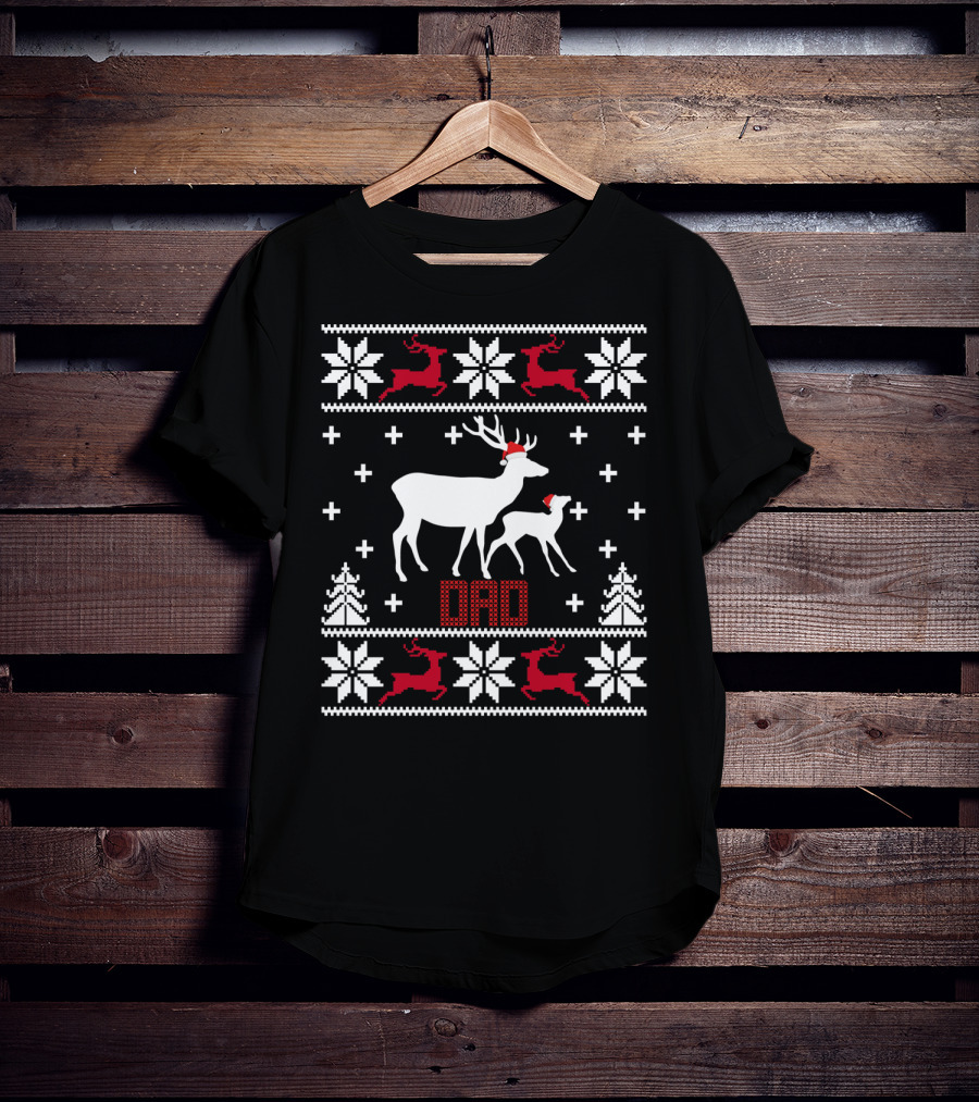 Matching Family Dad Reindeer Santa Hat Snowflakes Christmas T-Shirt