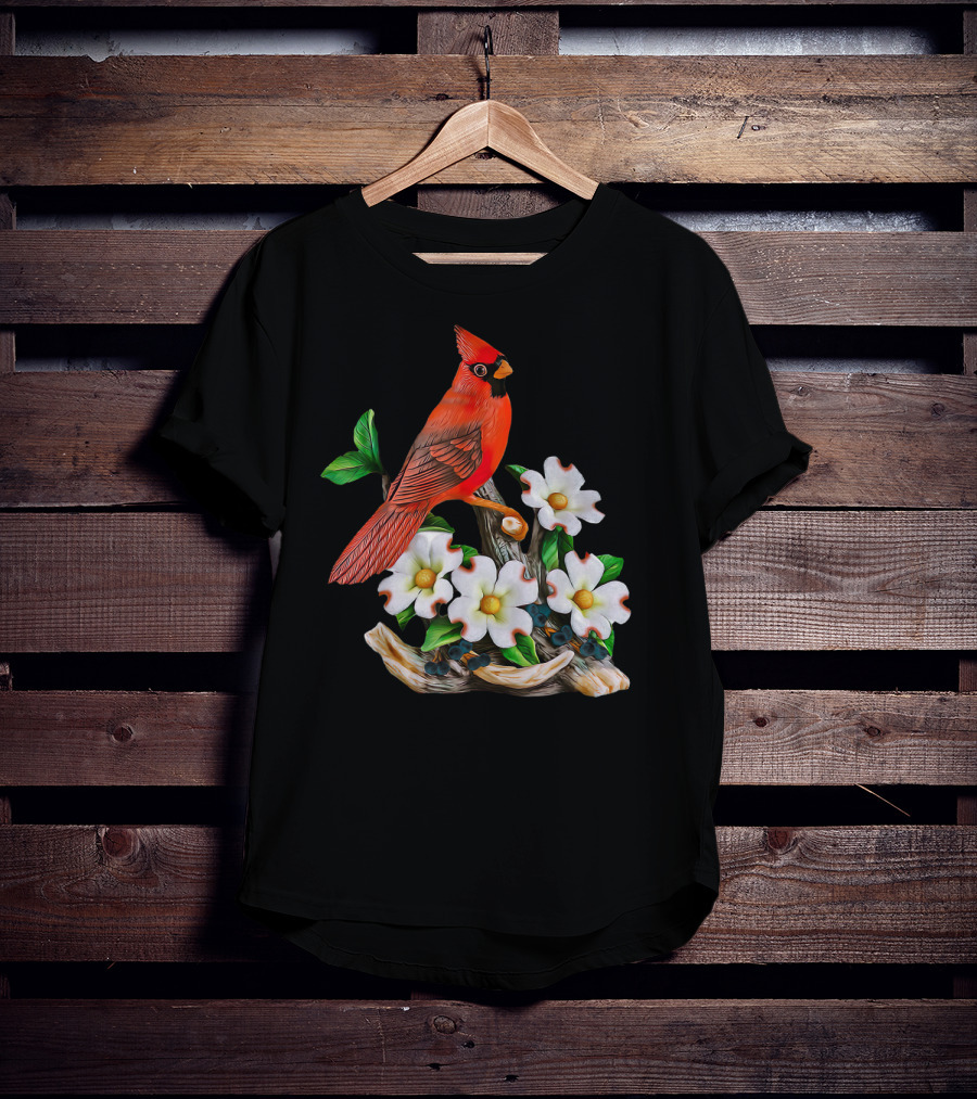 Red Cardinal Birds With White Flowering Blossoms T-Shirt