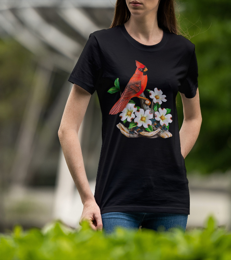 Red Cardinal Birds With White Flowering Blossoms T-Shirt
