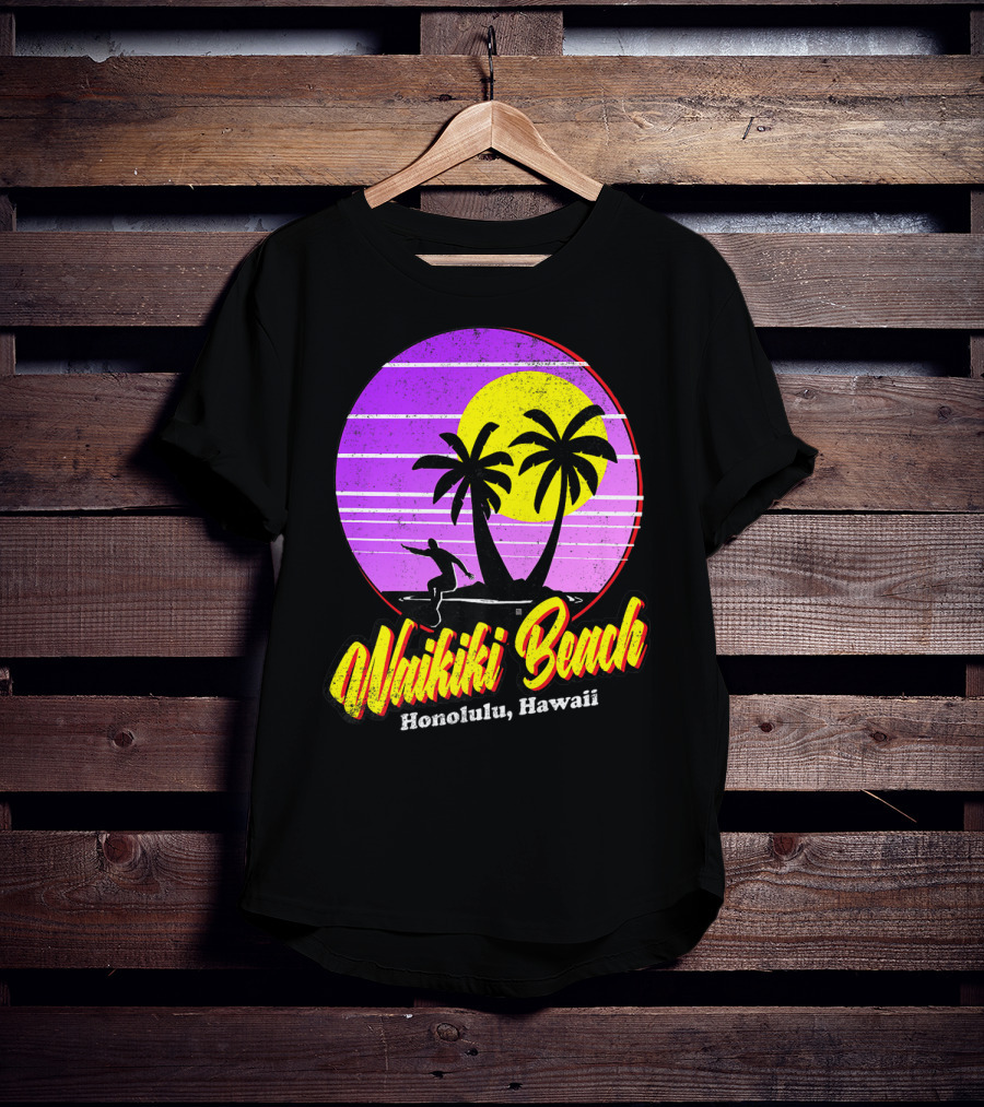 Waikiki Beach Honolulu Hawaii Retro Surfer 80s Vintage Palm Sunset T-Shirt