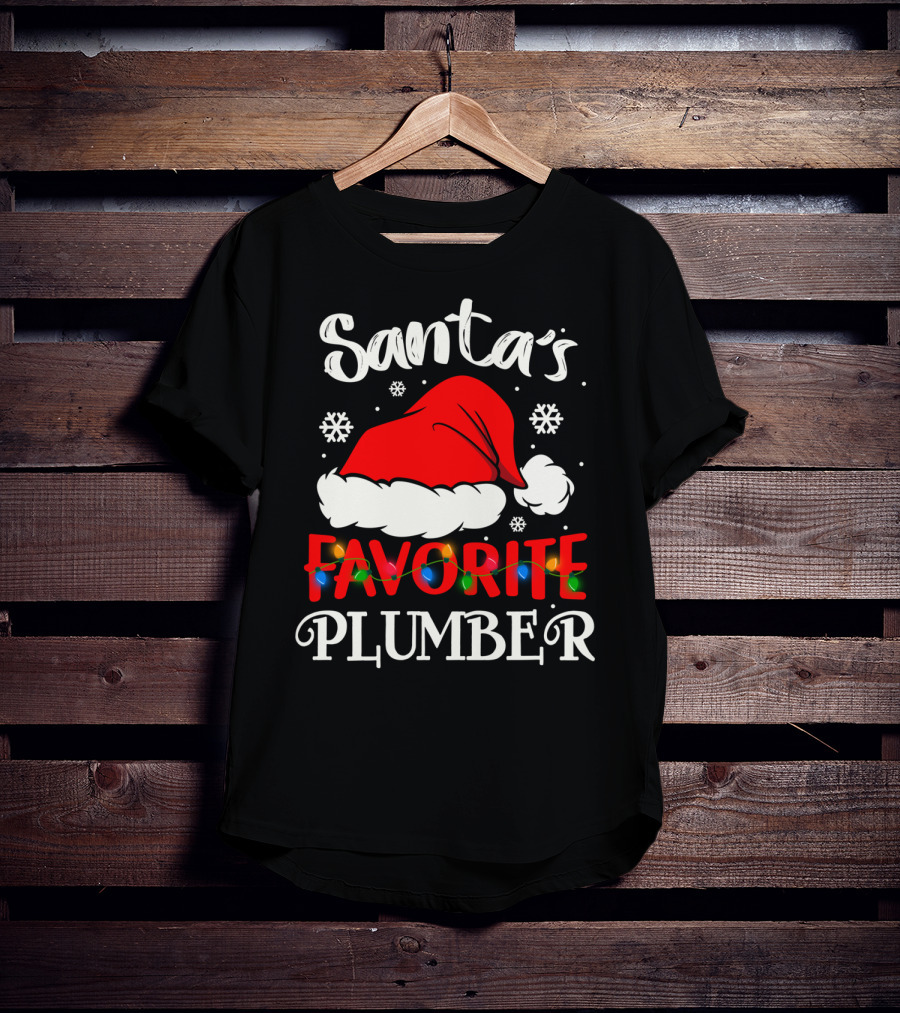 Santa's Favorite Plumber Christmas Hat Snowflakes Lights T-Shirt
