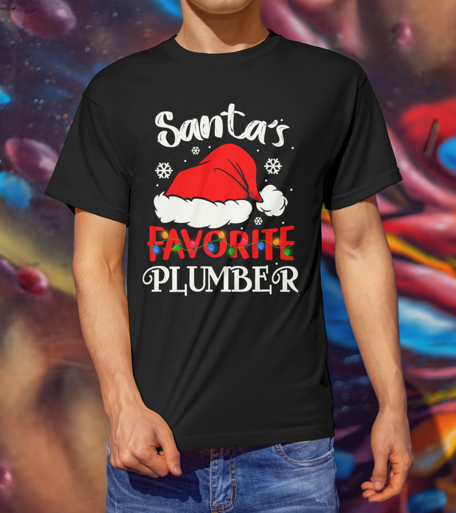 Santa's Favorite Plumber Christmas Hat Snowflakes Lights T-Shirt
