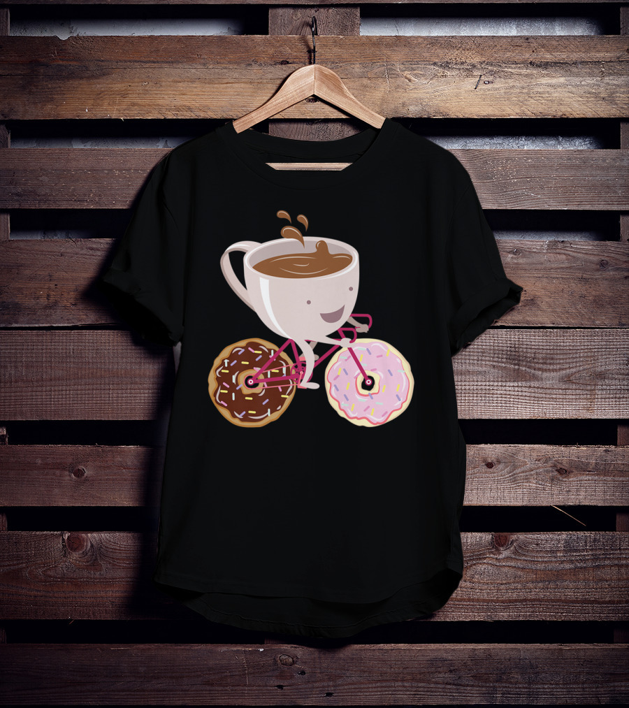 Coffee Cup Riding Bicycle With Donut Wheels Hand Drawn T-Shirt