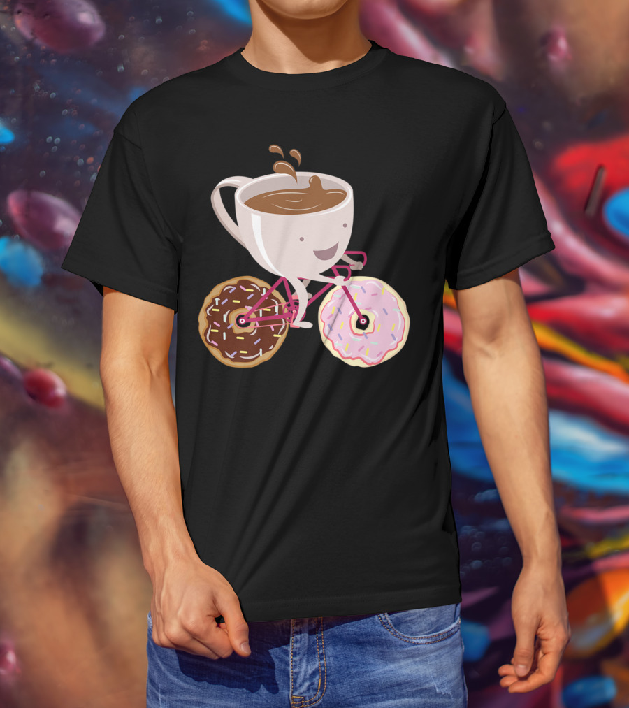 Coffee Cup Riding Bicycle With Donut Wheels Hand Drawn T-Shirt