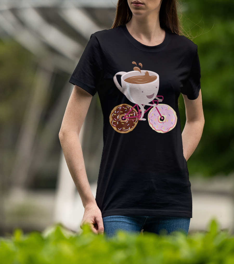 Coffee Cup Riding Bicycle With Donut Wheels Hand Drawn T-Shirt