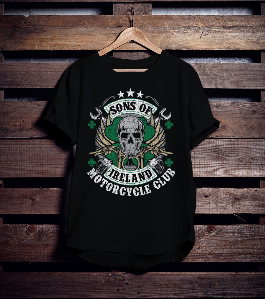 Sons Of Ireland Motorcycle Club Skull Shamrock Wings Biker T-Shirt