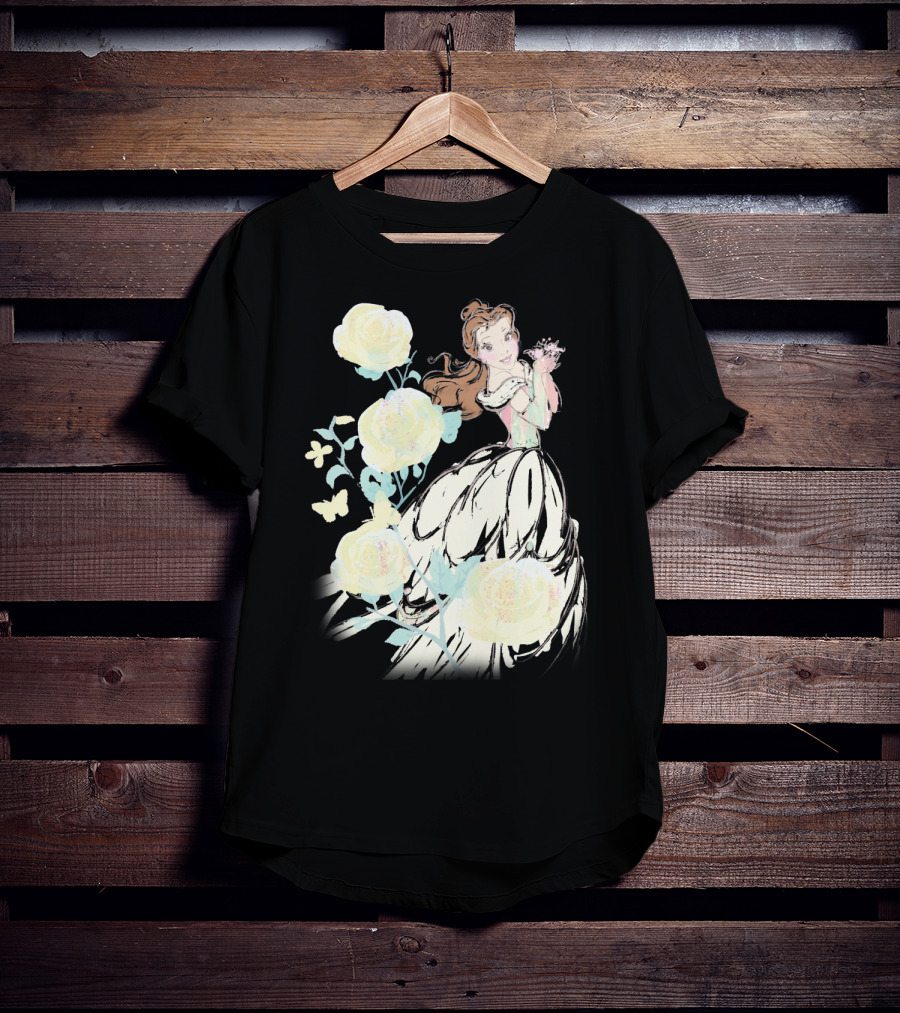 Disney Beauty The Beast Belle Yellow Watercolor Rose Butterfly T-Shirt