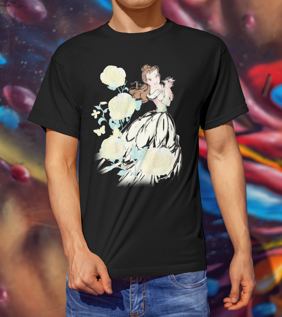 Disney Beauty The Beast Belle Yellow Watercolor Rose Butterfly T-Shirt