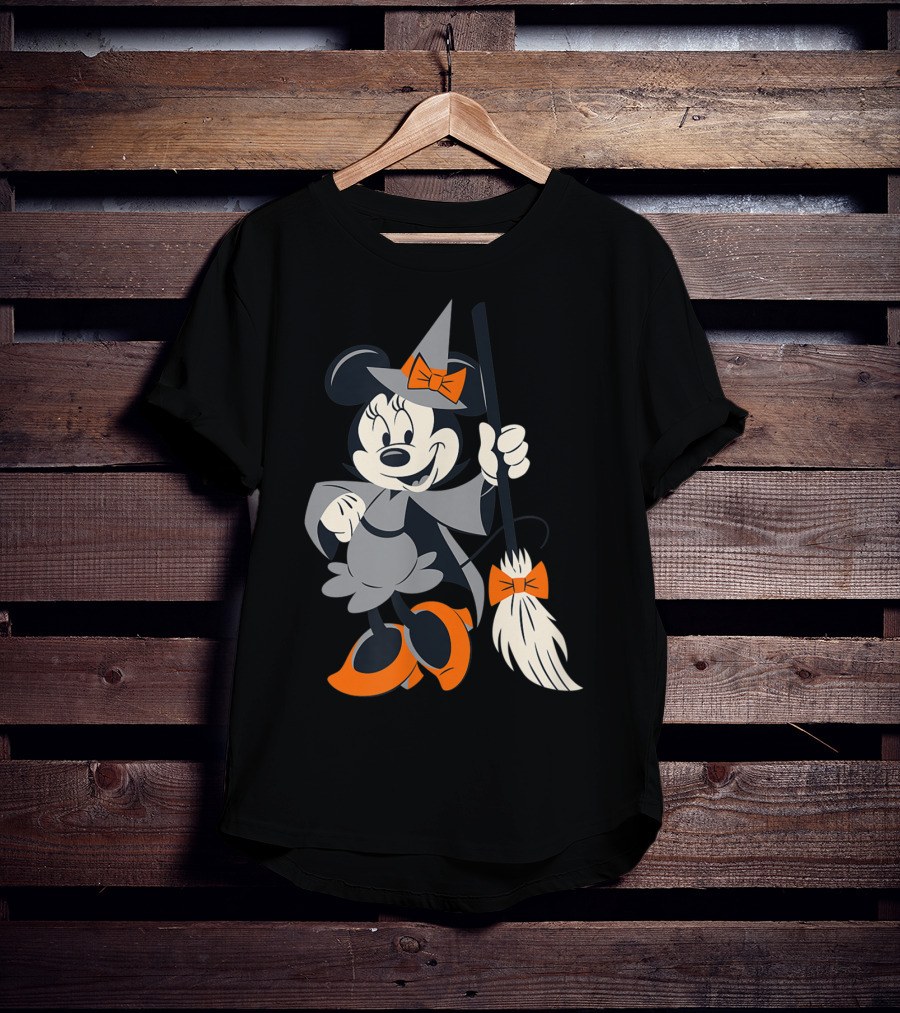 Disney Halloween Minnie Mouse Witch Costume Broomstick Orange Bows T-Shirt