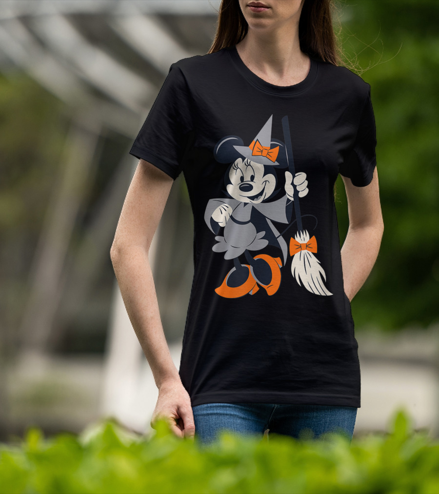 Disney Halloween Minnie Mouse Witch Costume Broomstick Orange Bows T-Shirt