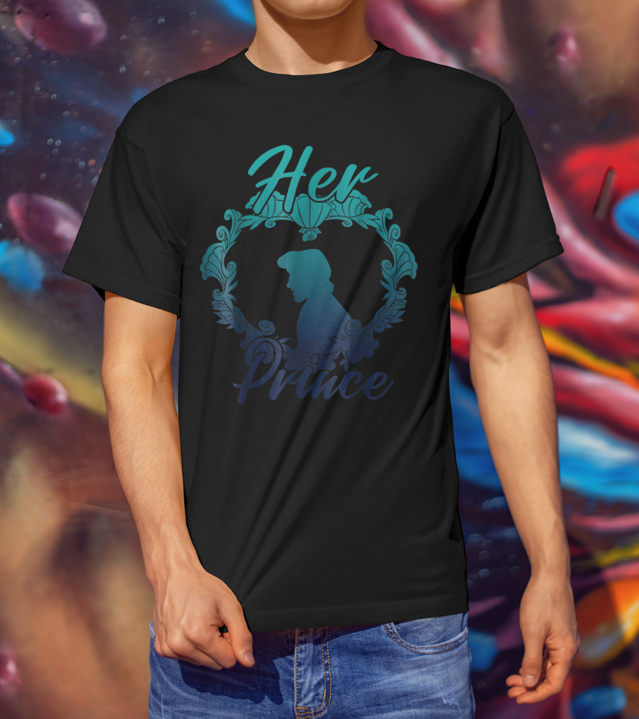 Disney Little Mermaid Eric Her Prince Silhouette Teal Floral T-Shirt