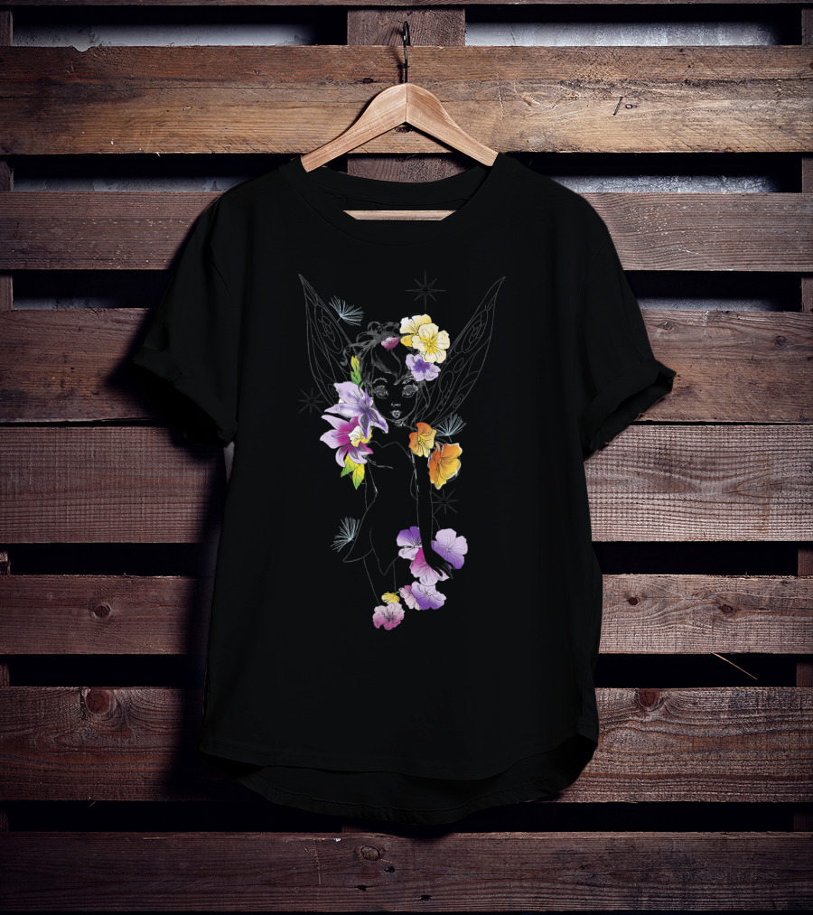 Tinker Bell Floral Sketch Outline Disney Peter Pan T-Shirt