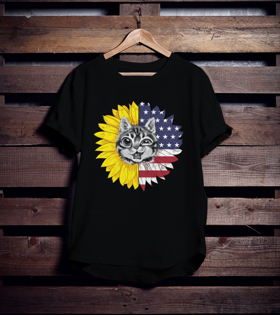 CAT LOVERS Sunflower American Flag Winking Cat T-Shirt
